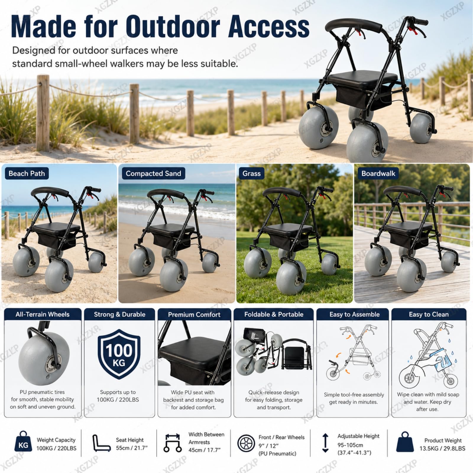 Silla De Ruedas De Playa con Neumáticos Anchos, Andador De Movilidad para Playa Todoterreno, Capacidad De 100 Kg, Diseño Plegable, para Playa, Césped, Grava Y Acceso Al Agua
