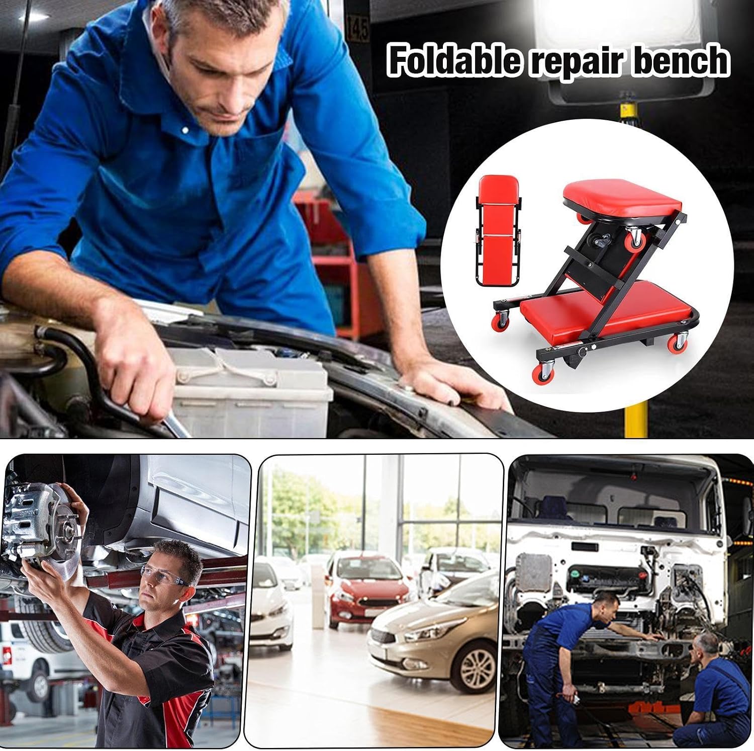 Rolling Folding Creeper, Mechanic Creeper Seat, Professional Topside Garage Stool for Under Car Maintenance Thickly Padded Cushion 1-Pack Professional Maintenance Gear 91x41x10cm