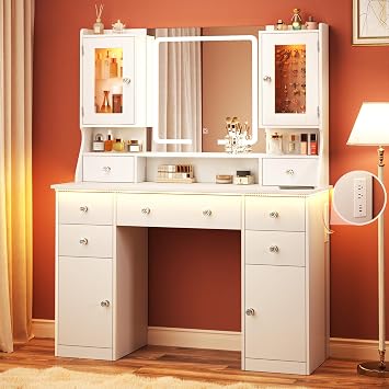 Vanity Desk with LED Mirror & RGB Lights, Large Makeup Vanity with 7 Drawers & 2 RGB Cabinets, White Vanity Table with Power Outlet, 3 Colors Lighting Adjustable Brightness for Bedroom, White