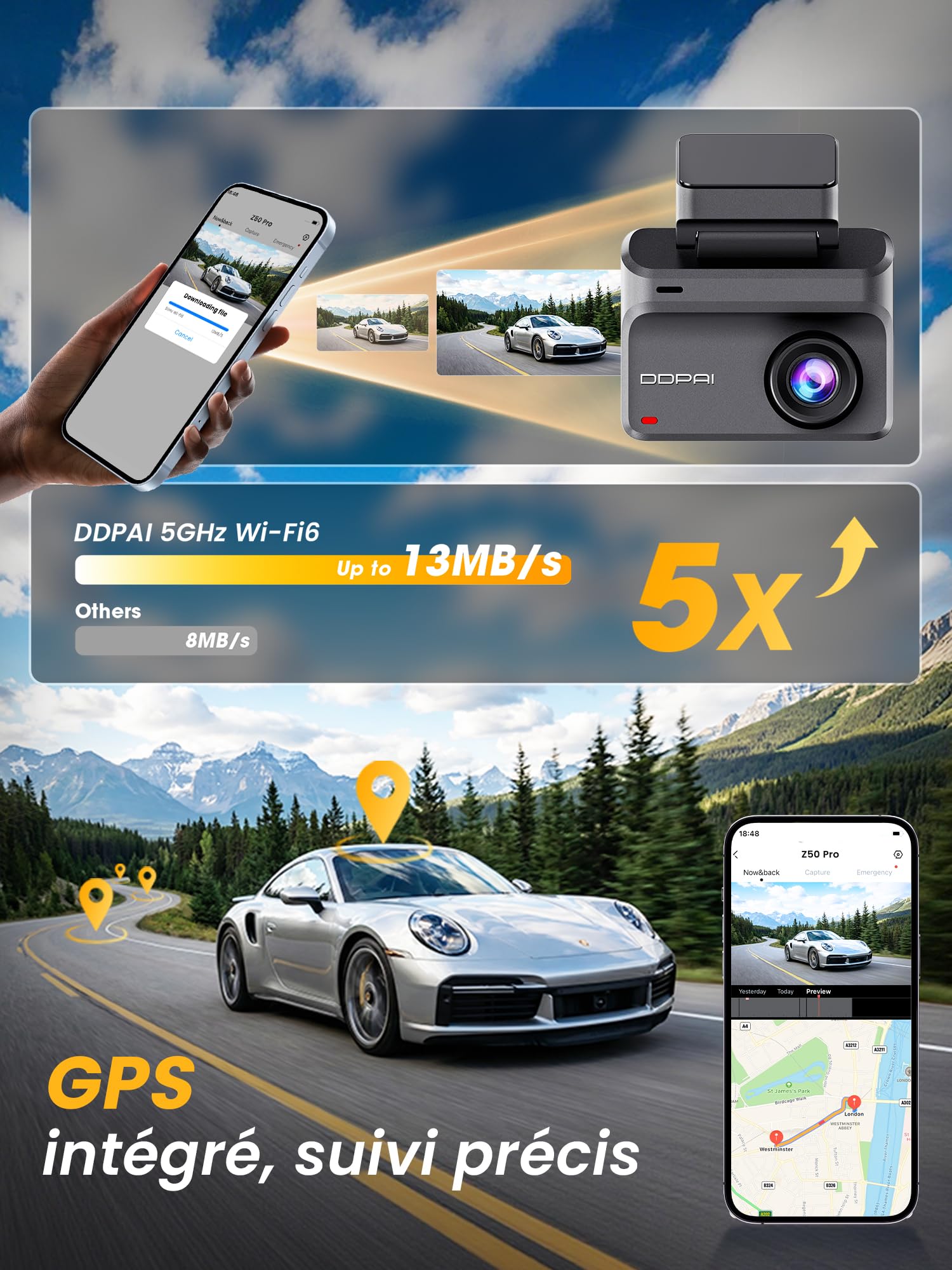 DDPAI Dashcam Voiture Avant Arrière, 4K + 1080P Camera Voiture, Carte 128 Go Incluse, Vision Nocturne AI-ISP, Compatible 4G LTE, WiFi 6 5GHz, GPS, Mode Stationnement 48H, Écran IPS 3", Z50 Pro
