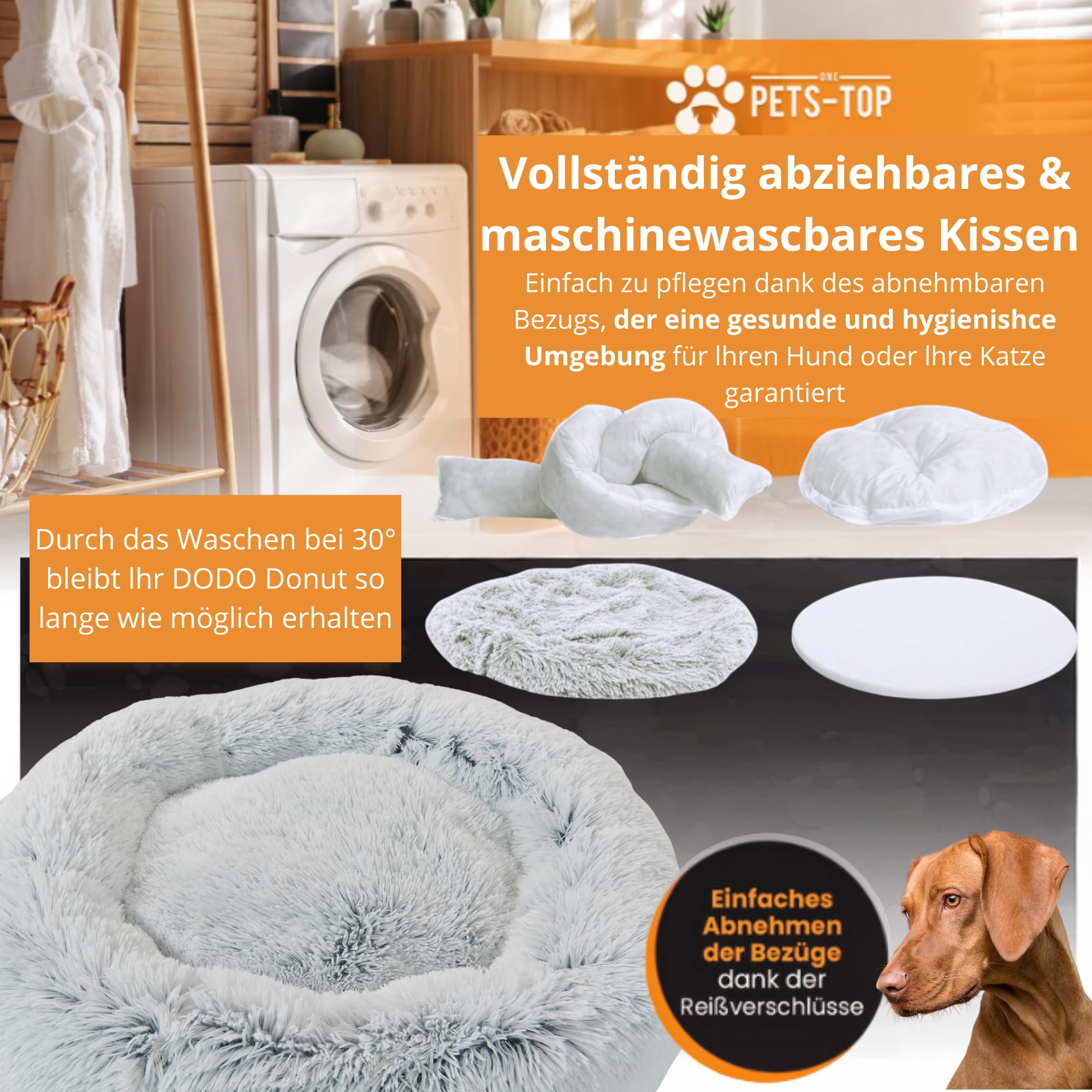 One PETS-TOP® Hundekörbchen Waschbar Fluffy – Donut Hundebett Flauschig mit Abnehmbarem Bezug – Hundebett Rund für Kleine & Große Hunde – Hundekissen Waschbar Anti-Stress – 115cm Durchmesser Perlgrau