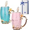 BTaT- Floral Ceramic Mugs with Spoon, Set of 2, Pink and Blue, Fancy Coffee Mugs with Spoon