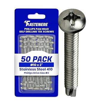 Fastenere Pan Head Self Drilling Tek Screws -#10 x 2 50 Pack Stainless Steel 410, Full Thread, Bright Plain Finish, Corrosion-Resistant, Self-Drilling, Easy to Install w/Phillips Drive Size #2