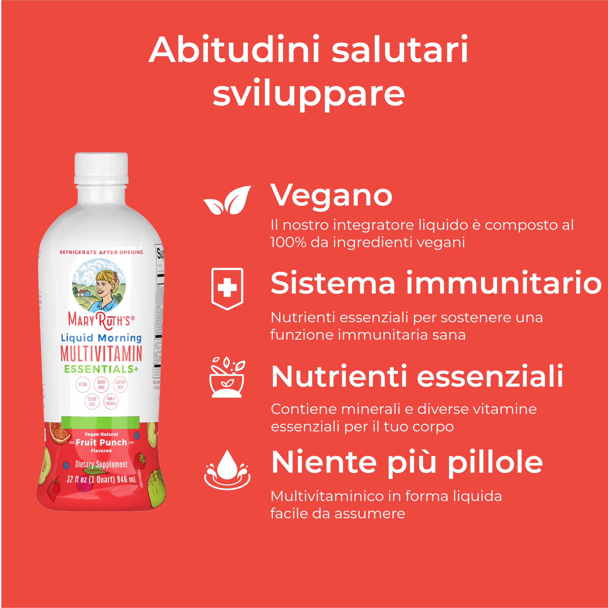 MaryRuth Organics, Liquid Morning Multivitamin Essentials+, Vitamine e Minerali Essenziali, Senza Zucchero, Gusto Punch alla Frutta, 946ml, Vegan, Senza Glutine