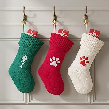 Personalized Dog Hanging Sock, Custom Embroidered Pet Gift Bag, Bone Shape Knit Storage Sock for Dogs & Cats, Large Decorative Pet Holder (White