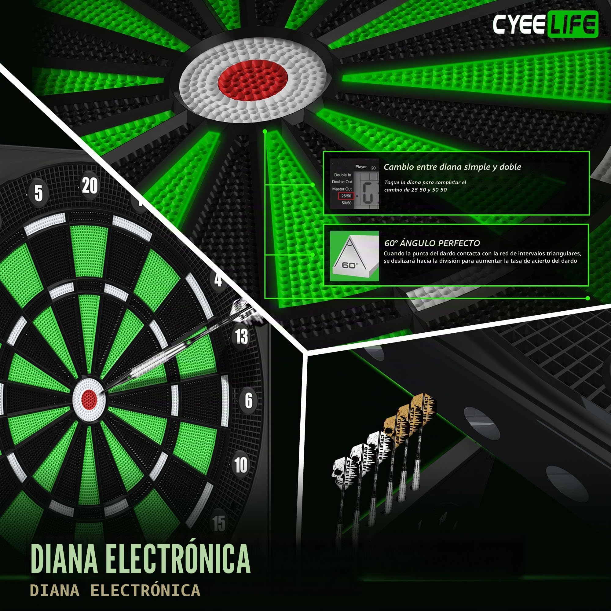 CyeeLife Diana electrónica con voz alemana, innovadora máquina de dardos con 34 juegos y 355 variantes, 8 niveles de volumen, incluye silencio, diana electrónica para 1 a 8 jugadores