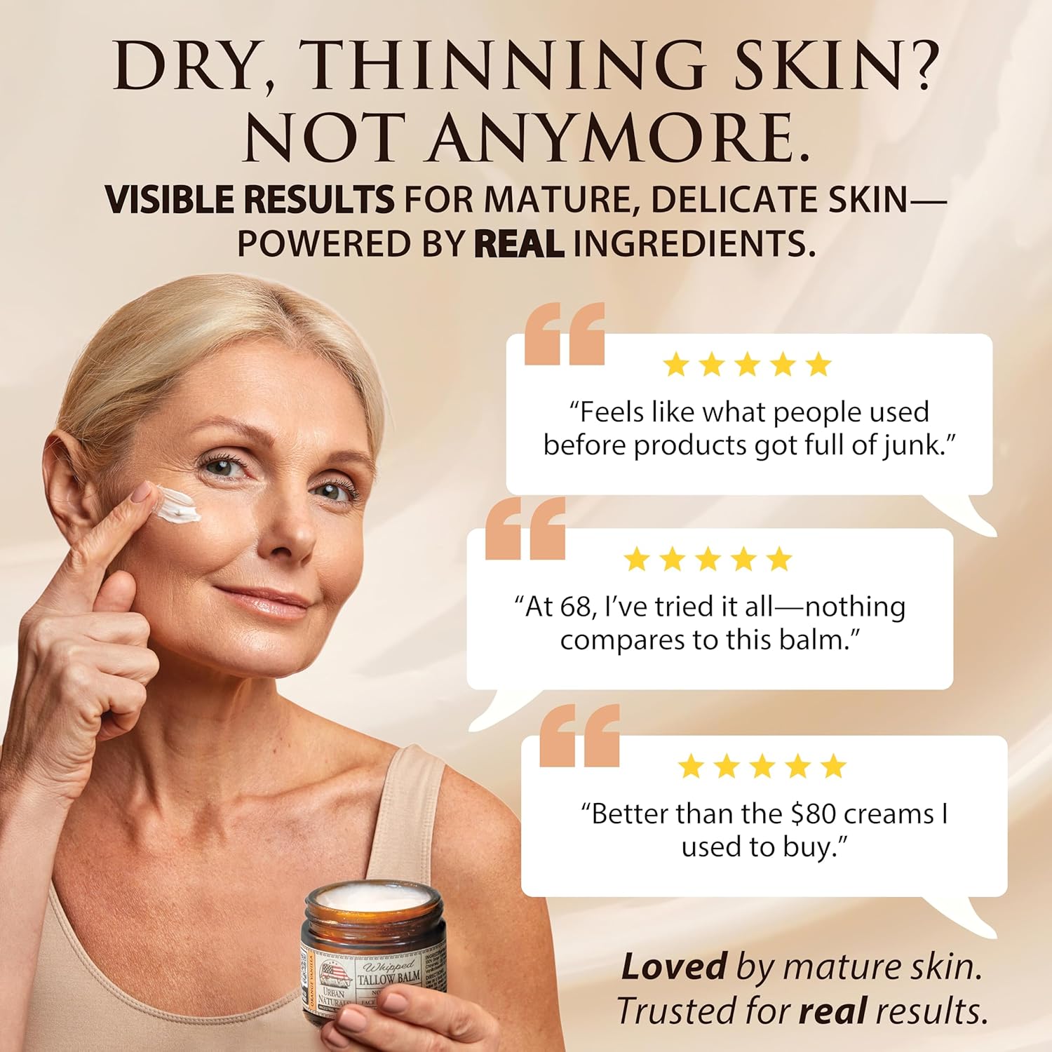 Urban Naturals Handmade Whipped Tallow Balm (Orange Vanilla) 100% Grass-fed Organic Beef Tallow Skin Cream Moisturizer for Face with Jojoba Oil, for Eczema, Baby - Made in USA