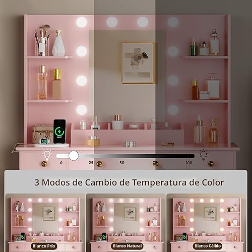 Miniatura 5 de Escritorio de tocador con espejo y luces, tocador de maquillaje rosa con estación de carga y taburete de tocador, 3 cajones y gabinetes, espejo de
