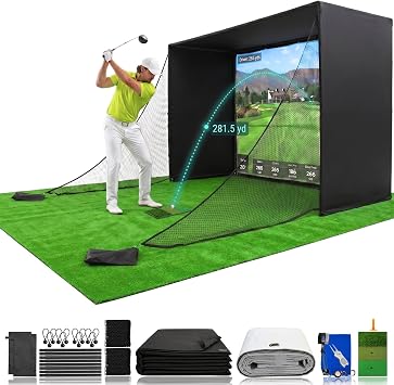 Golf Simulator Enclosure 8.5x8.5x5Ft & 10.7x8x5Ft | Light-Proof HD/4K Silent Impact Screen, Indoor/Outdoor Golf Simulators for Home Includes Mat, Foam-Padded Iron Poles, Shank Net, Sandbag & Bonus kit