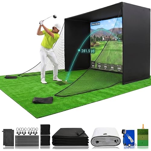Golf Simulator Enclosure 10.7x8x5Ft & 8.5x8.5x5Ft Golf Simulators for Home | Light-Proof HD/4K Silent Impact Screen, Indoor/Outdoor - Includes Mat, Foam-Padded Iron Poles, Shank Net, Sandbag & Bonus Kit