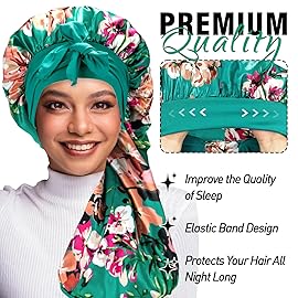2Pcs Bonnets for Black Women Braid Bonnet, Large Long Satin Bonnet for Braids, Silk Bonnet with Stretchy Tie Band Sleep Cap Hair (2Pcs-Black&Printing Flower)