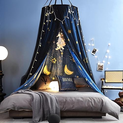 Miniatura 2 de Kertnic Precioso toldo de cama con estampado de estrellas para niñas y adultos, cortinas decorativas para habitación, cúpula redonda, lujosas