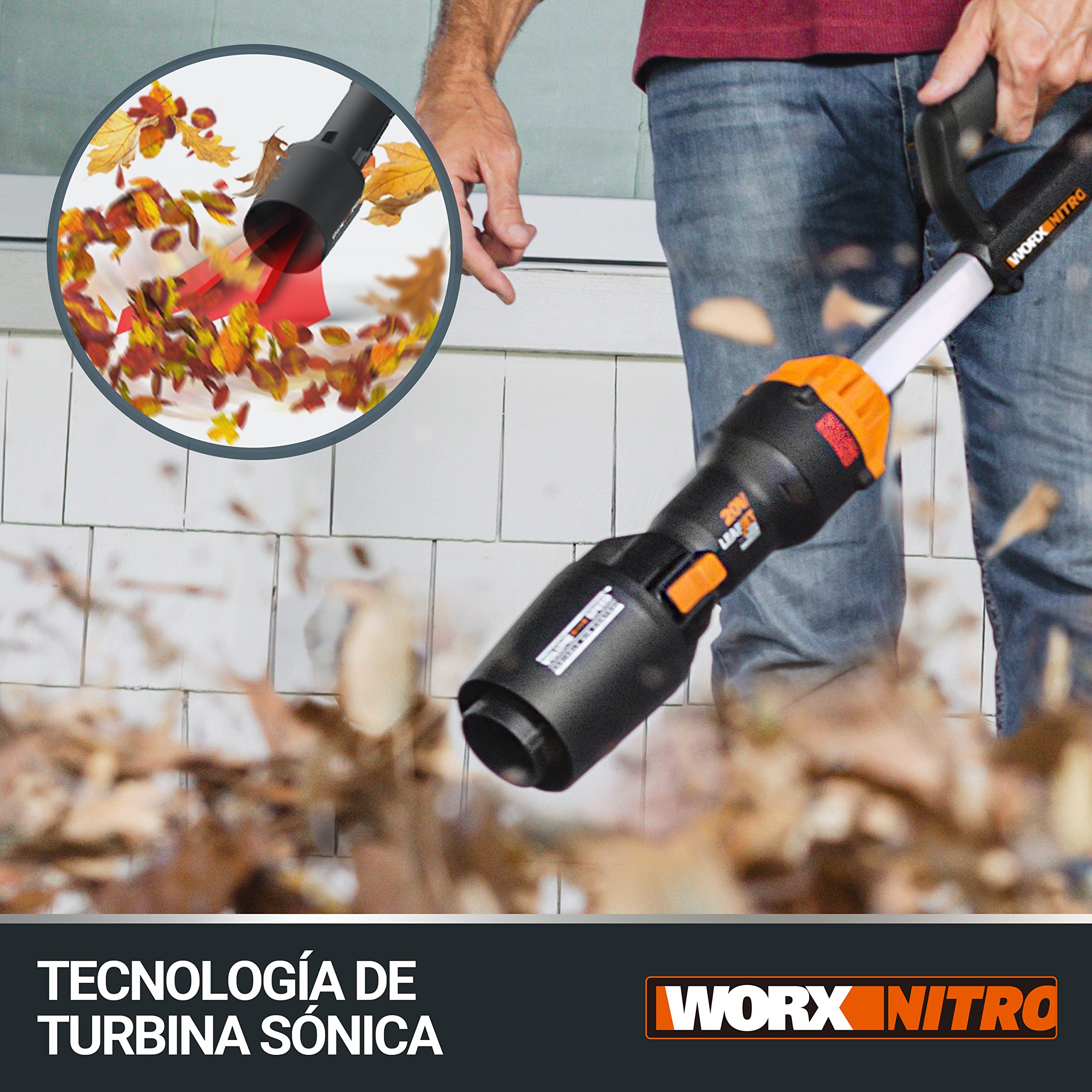 WORX WG543E.9 Soplador de Hojas 20V Nitro, superligero 1,7Kg, Motor brushless, 209Km/h, turbina Alto Volumen y Velocidad, para Limpieza de Jardines, Caminos y parcelas, sin batería ni Cargador