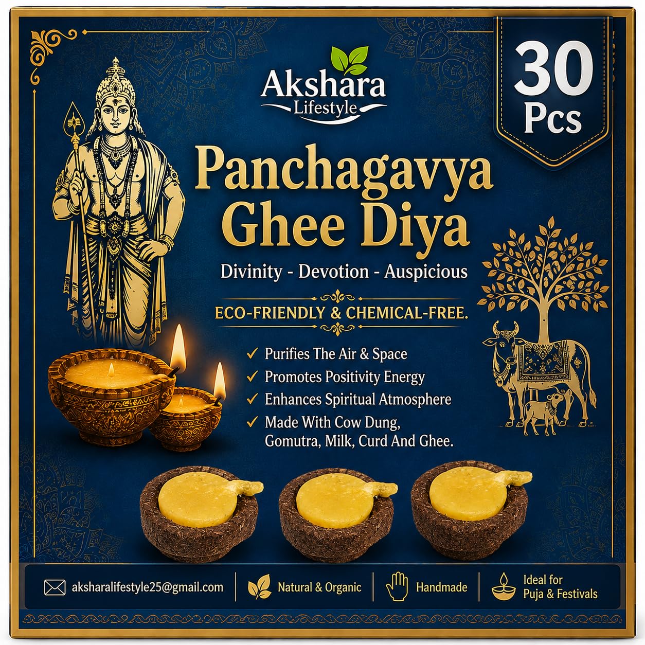 Panchagavya Cow Dung Diya Deepam Vilakku with ghee(30 Pcs) Handmade Organic Cow Dung Lamp with Pure Cow Ghee & Cotton Wick-for Daily Puja, Homam, Havan, Agnihotra, Diwali-image-36