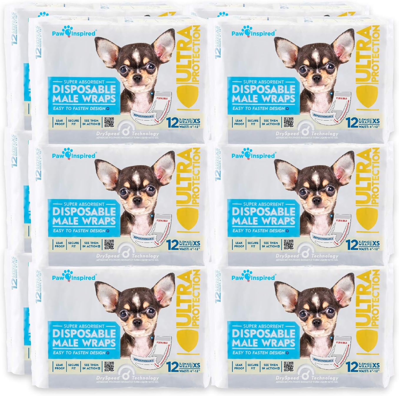 Paw Inspired Disposable Male Dog Wraps, Belly Band for Dogs | Disposable Dog Diapers | Belly Bands for Male Dogs (144 Count, X-Small)