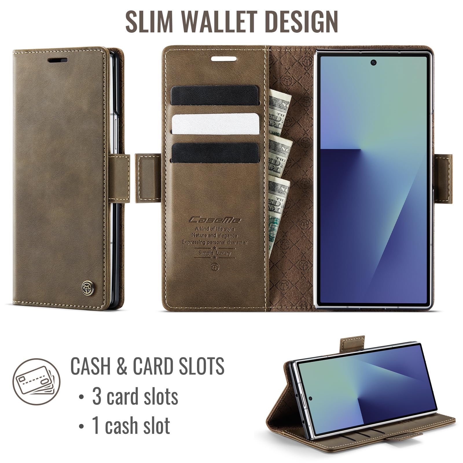for Samsung Galaxy Z Fold 7 Case, Wallet Case Flip Leather with Card Holder Magnetic Closure Shockproof Kickstand Protective Phone Cases Cover for Galaxy Fold7, Coffee — view 3