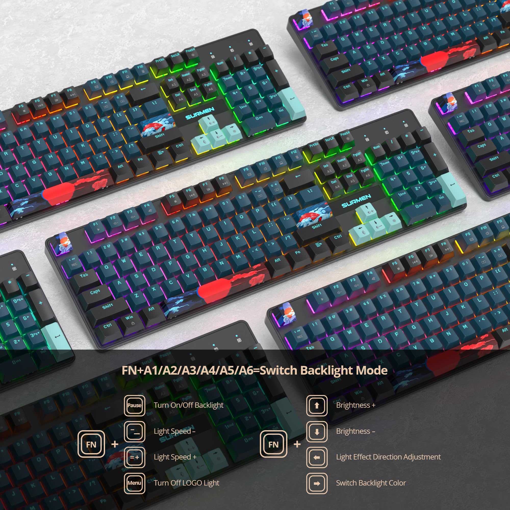 SOLIDEE Clavier de Jeu mécanique Pleine Grandeur,US Layout QWERTY,Filaire USB 104 Touches rétroéclairé RVB avec pavé numérique,Clavier mécanique NKRO pour Windows PC Gamer(104 Monstor)