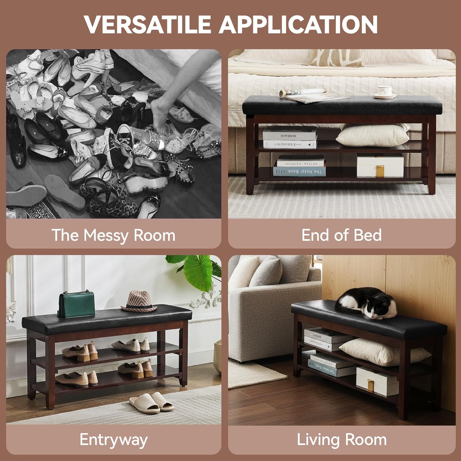 40" Shoe Bench with Leather Cushion, 2-Tier Shoe Rack Entryway Bench, Wood Bench for Front Door Entrance, Mudroom, Hallway, Wooden Shoe Shelves, Shoe Organizer, Shoe Storage, Black