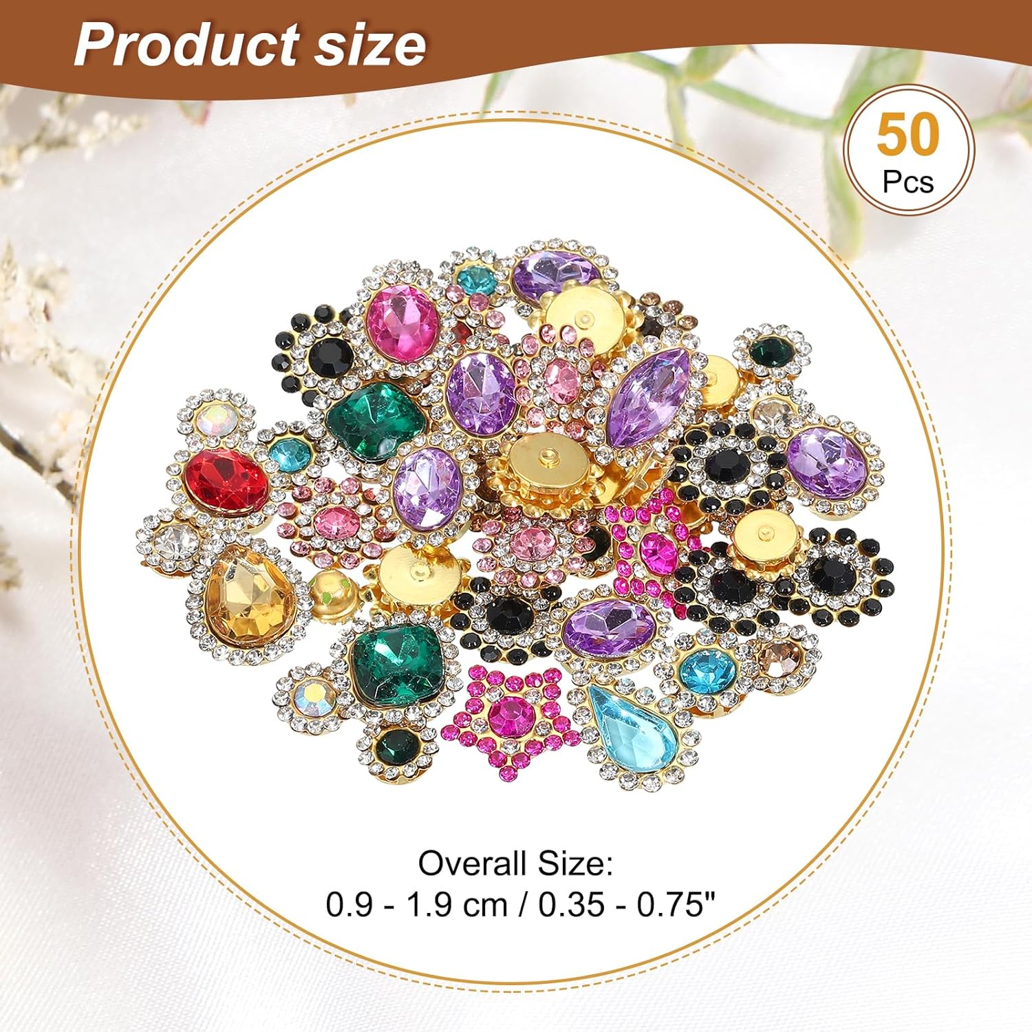 PATIKIL Sew on Rhinestones Crystals, 50 Pcs Mixed Shapes Glass Gems Metal Base Flower Claw Rhinestones for Craft Shoes Dress Cloth Belt Sewing Decoration, Multicolor (0.35"-0.75") - Image 2