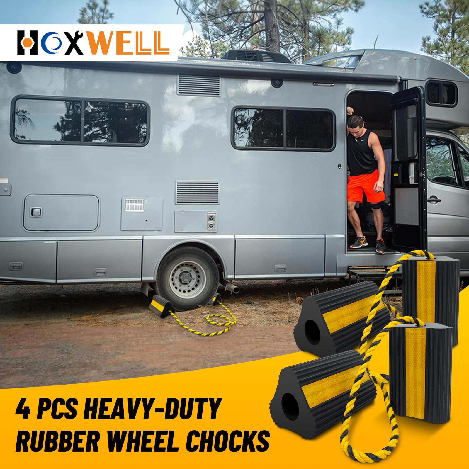 HOXWELL Unterlegkeile (2 Paar/4 Stück mit Seil) für Wohnmobil, Anhänger, Camper, LKW, Auto, Flugzeug, vielseitiger, robuster Gummi-Radkeile mit 3 reflektierenden Streifen, Reifenrad-Wegfahrsperre und