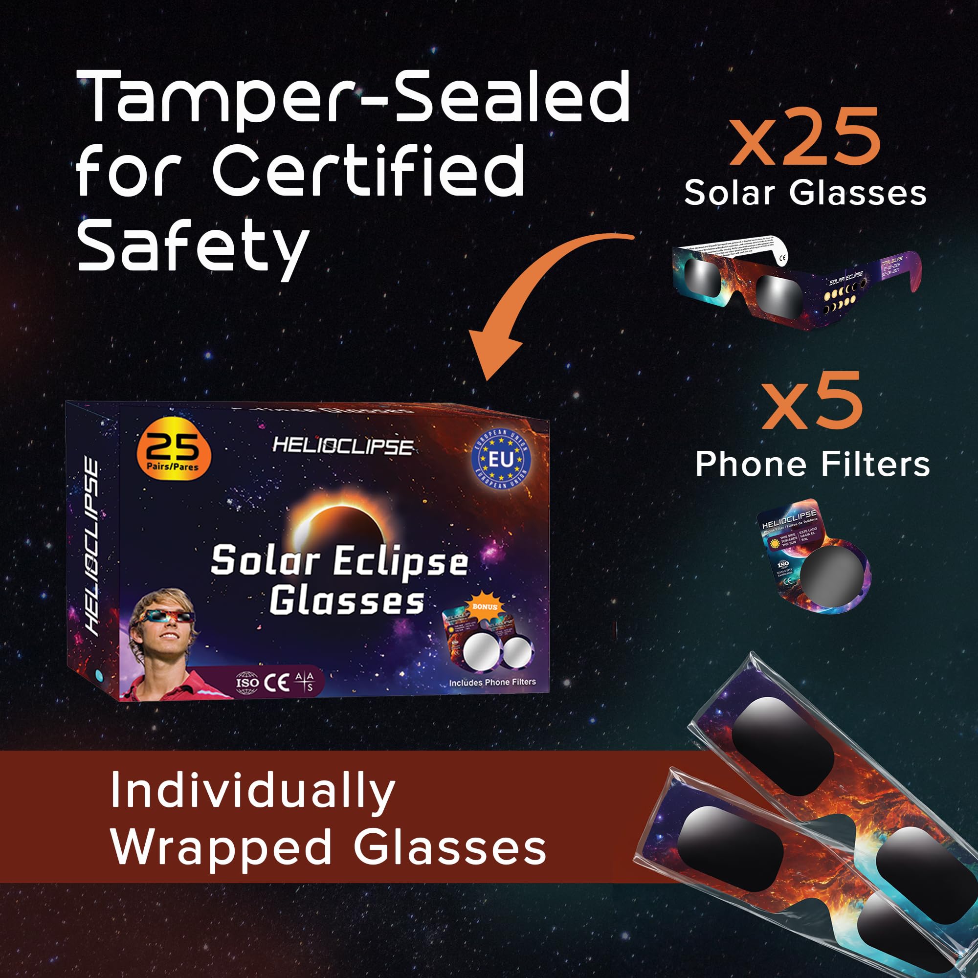 Helioclipse Solar Eclipse Glasses AAS Approved 2024 Pack of 25 for