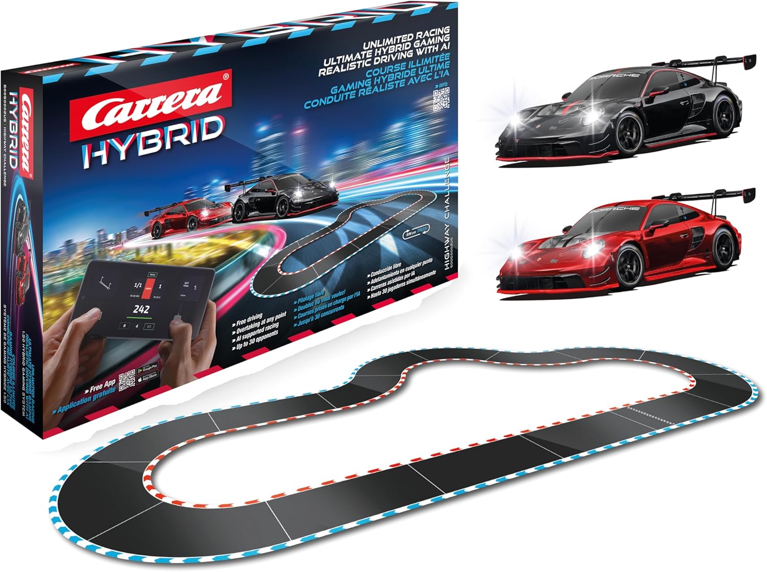 Carrera Hybrid Highway Challenge – New Generation App-Controlled AI Car Racing Multiplayer Game with Porsche 911 GT3 R Race Cars, 20-Ft Racetrack, USB-C Recharge