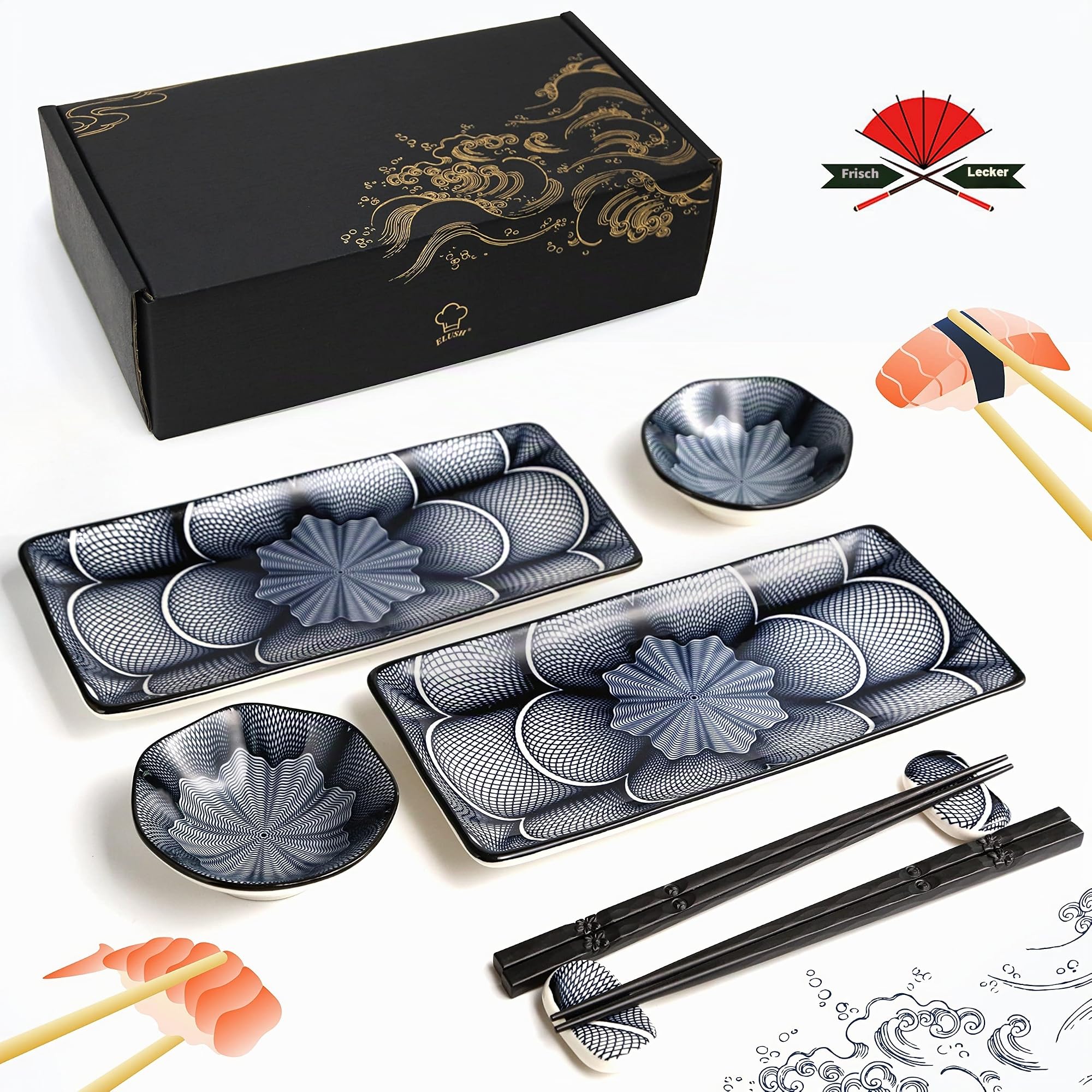 ELUSH Sushi-Teller-Set aus Keramik im japanischen Stil, rechteckig, 25,4 cm, 2 Sushi-Teller, 2 Saucenschalen, 2 Paar Essstäbchen, 2 Essstäbchenhalter, 8-teiliges Set