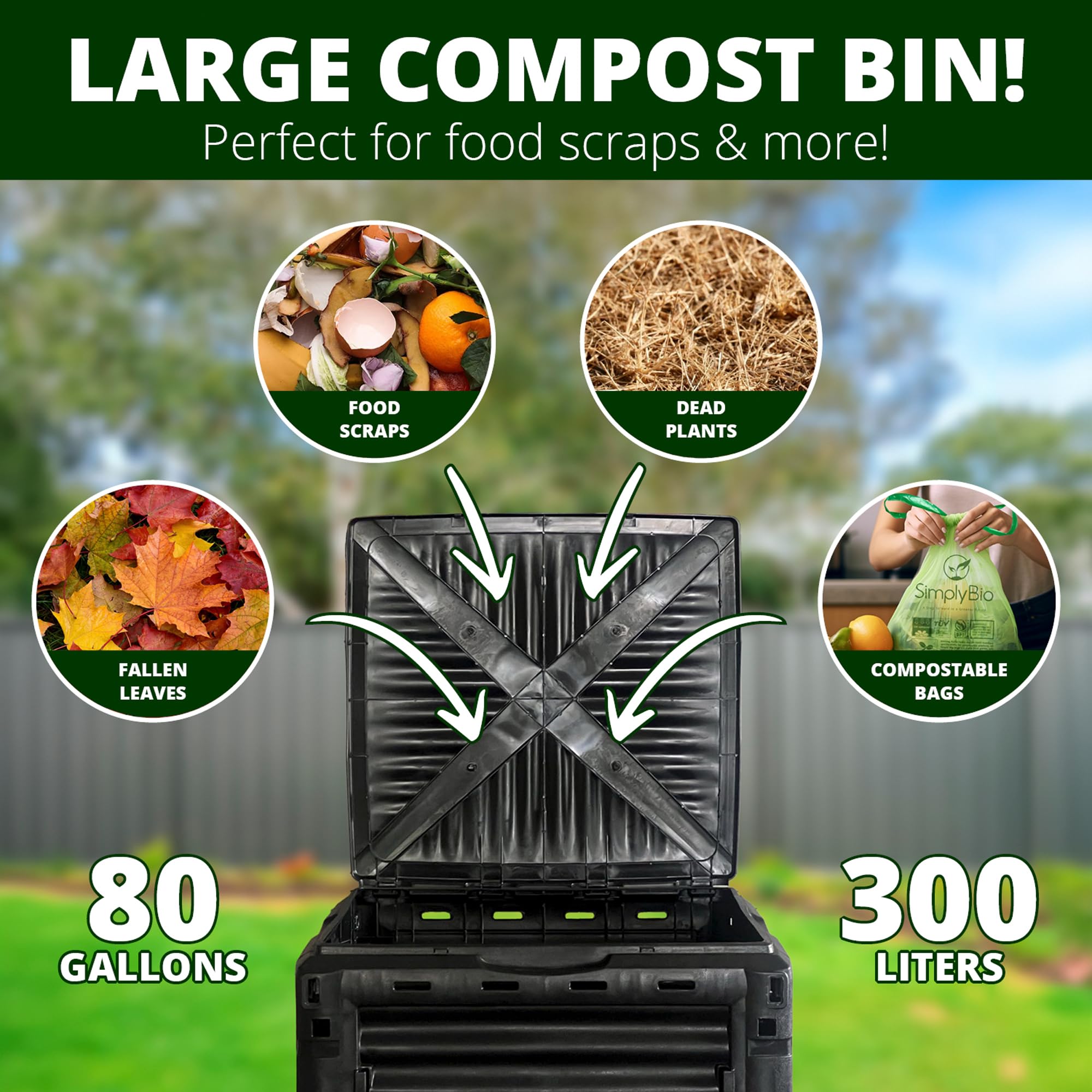 Simply Bio Garden Compost Bin from BPA-Free Material - 80 Gallon (300 L) Large Outdoor Compost Bin, Easy Assembly, Lightweight, Fast Soil Creation, Black