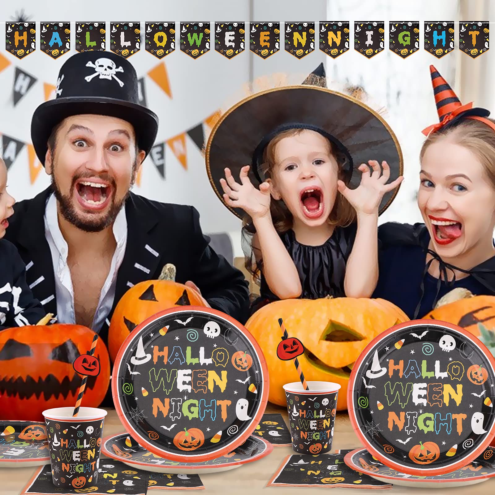 Set Vaisselle Halloween 80 Pièces - 16 Personnes - Assiettes, Gobelets, Serviettes, Pailles - Décoration Table Fête Enfants