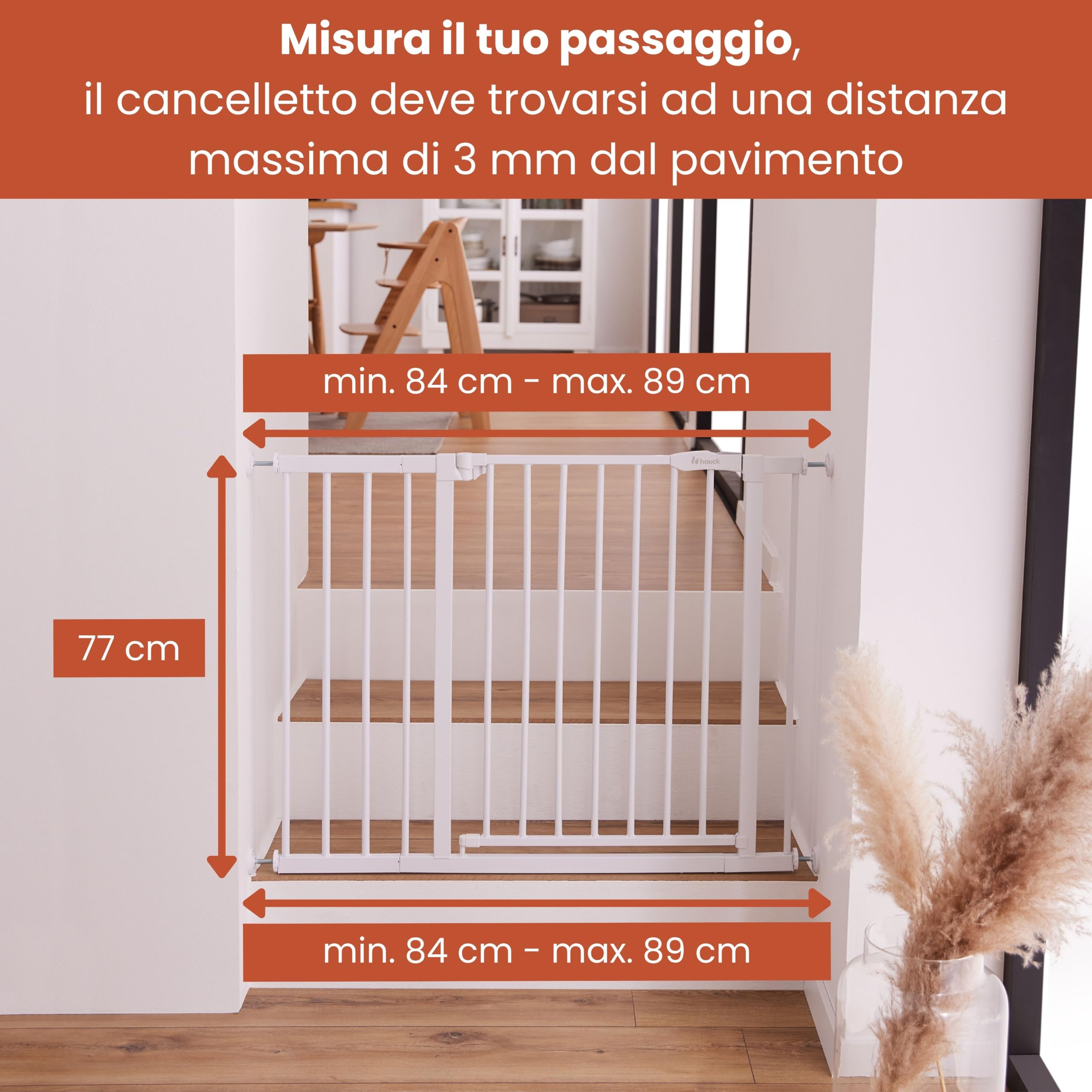hauck Clear Step 2 + Estensione da 9 cm, Bianco - Cancelletto per Bambini Cani, Larghezza Regolabile da 84 a 89 cm, Alto 77 cm, Base Piatta, Apribile con una Mano in Entrambe Direzioni, per Interno