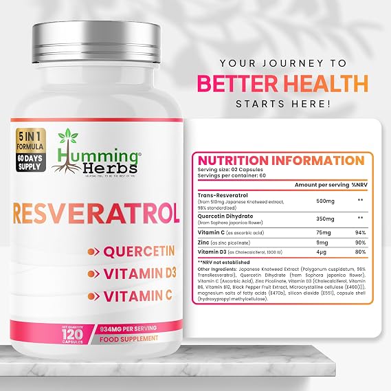 Humming Herbs Resveratrol with Quercetin, Vitamin C, Zinc & Vitamin D3-120 Vegan Capsules