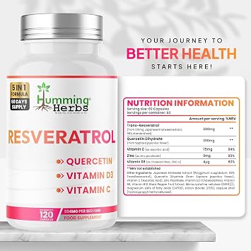 Humming Herbs Resveratrol with Quercetin, Vitamin C, Zinc & Vitamin D3-120 Vegan Capsules