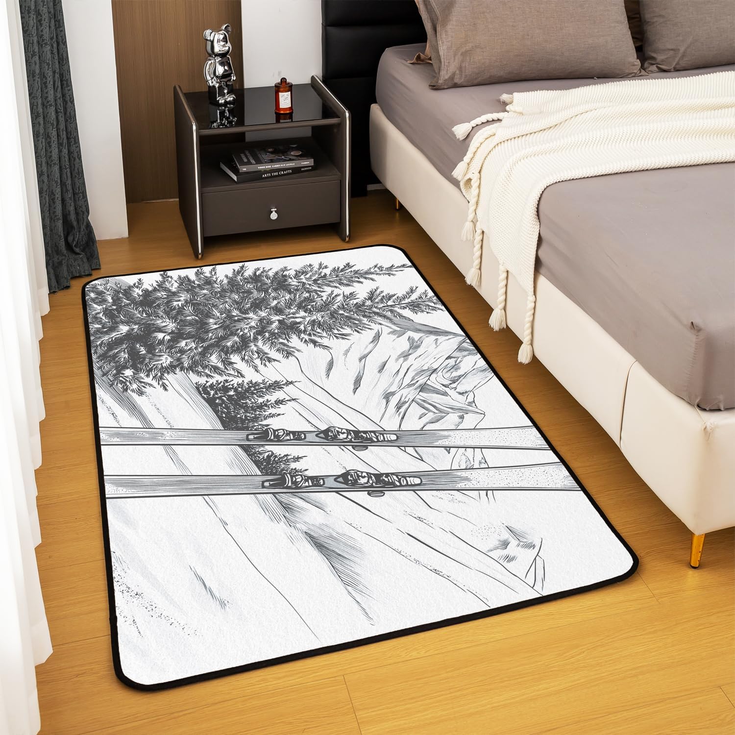 Castle Fairy Ski Sports Area Rug 3'x5',Skiing Sports Winter Scenery Non Slip Rug for Kids Teen Boys Women Men,Pine Snow Mountain Gray Sketch Indoor Floor Mat for Dining Room Backyard Decor