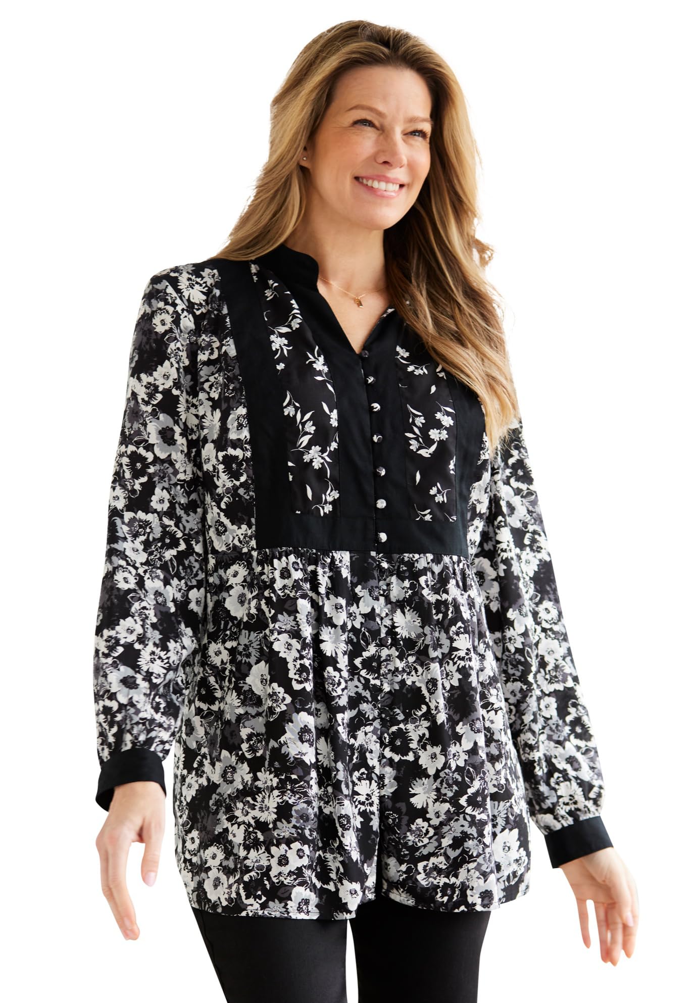 Woman Within Plus Size Button-Front Mixed Print Tunic