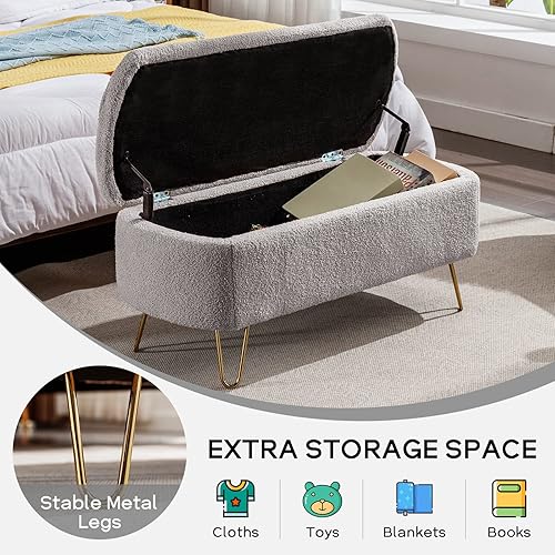 Miniatura 6 de Banco otomano de almacenamiento moderno, banco de entrada tapizado con diseño de boucle vintage, banco de pie de cama con patas doradas, banco