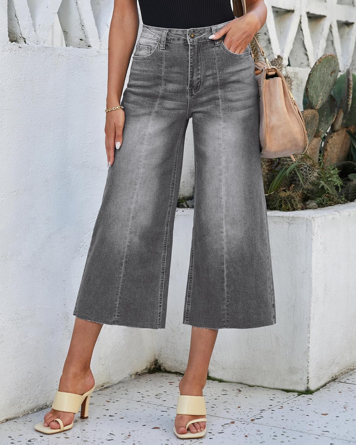 luvamia Wide Leg Capris Jeans for Women Trendy High Waisted Jean Capris Raw Hem Stretchy Denim Cropped Pants - Image 3