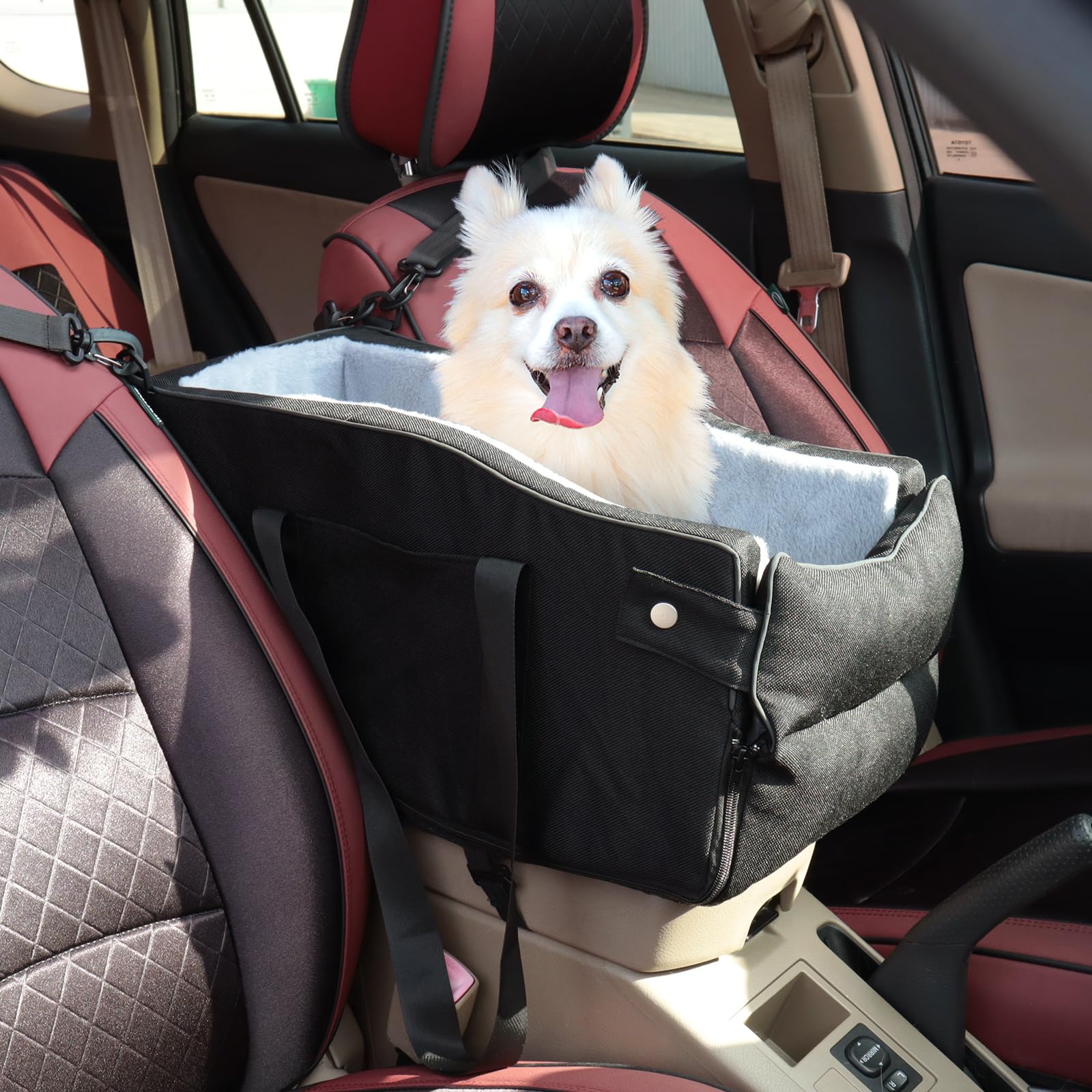 Center Console Dog Car Seat for Small Dogs Up to 12lbs, Portable Middle Console Dog Booster Car Seat with Adjustable Straps & Storage Pocket (Black)