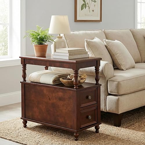 Tribesigns Mesa auxiliar auxiliar con 2 cajones, mesa de madera delgada y suave con estante de almacenamiento, mesa decorativa vintage para sala de