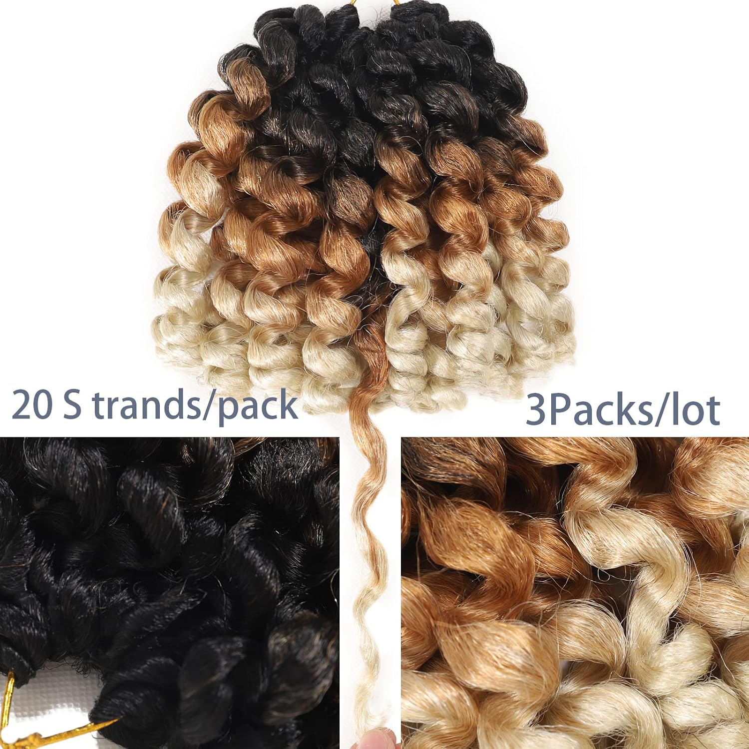 Jamaican Bounce Crochet Hair Extensions 8 inch Ringlet Wand Curl Crochet Hair Blonde Brown Ombre Curly Crochet Braids Blonde 3 Tone Ombre Crochet Braiding Hair 100 Roots