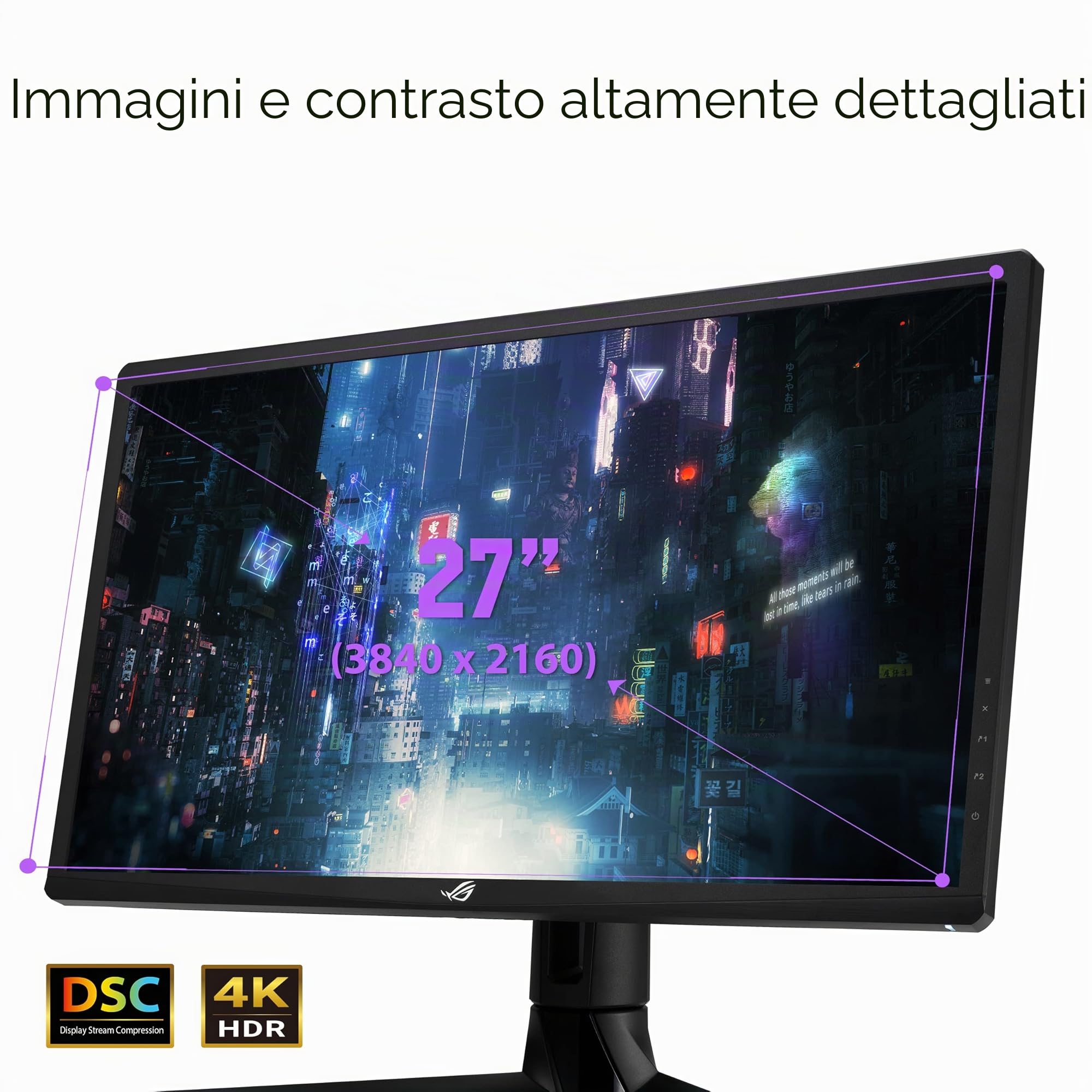 ASUS ROG Strix XG27UQR Monitor Gaming 27”, 4K (3840x2160), 144Hz, IPS, Tempo Di Risposta 1ms, G-SYNC, DisplayHDR 400, Display Stream Compression, DCI-P3 90percento, Posizione Regolabile, Nero