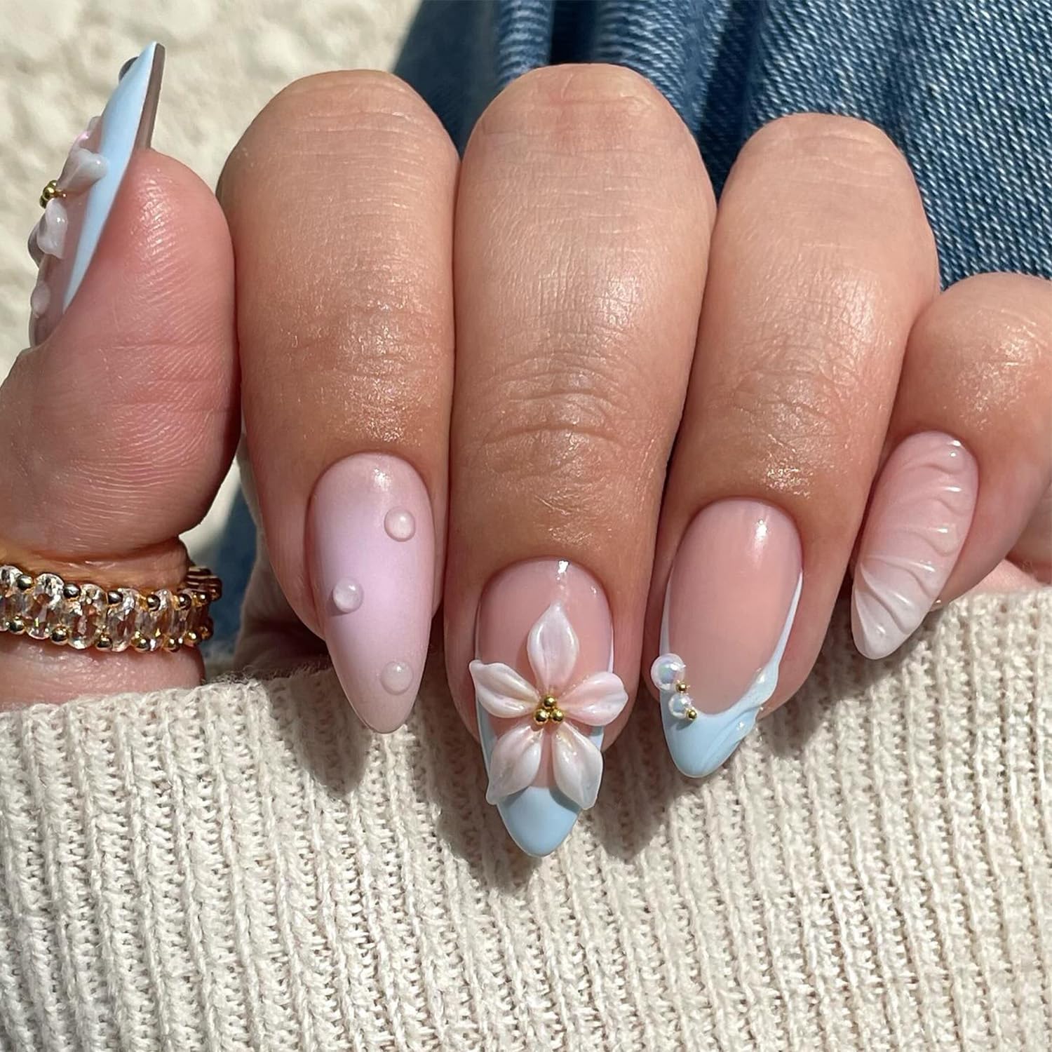 Blue Flower Press on Nails - Medium French Tip Design