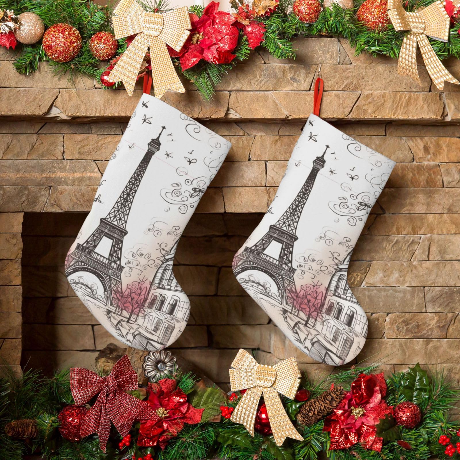 French Paris Tour Eiffel Tower Christmas Stockings 18 Inches Velvet Xmas Fireplace Hanging Stocking Rustic Christmas Santa Stockings for Home Christmas Decorations Party Favor Supplies