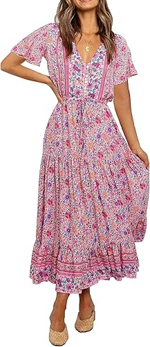 R.Vivimos - Vestido de verano holgado para mujer, tela de algodón, estampado floral, manga corta