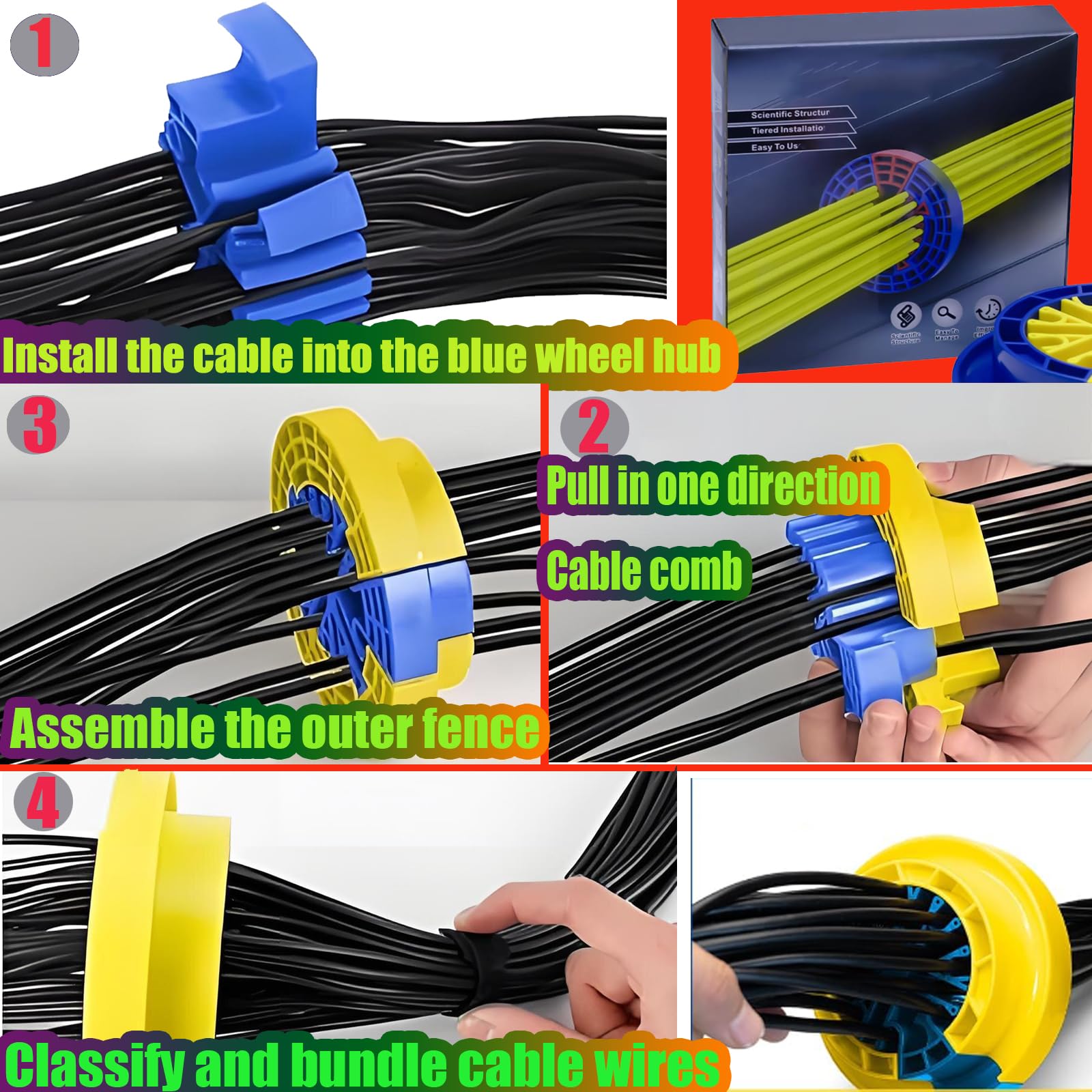 Peine de cables, peine de alambre, herramientas de gestión de cables de red, herramientas de red para clasificar cables, (amarillo, azul y amarillo azul), 2 herramientas de organización de cables y