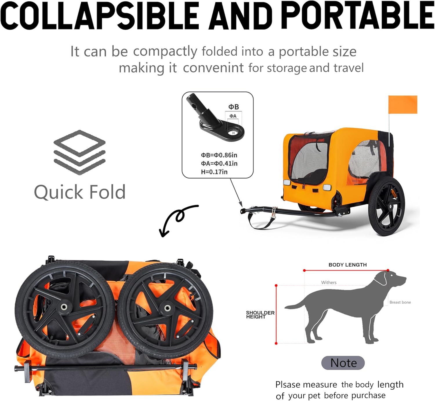 Heavy-Duty Foldable Pet Bike Trailer - 16" All-Terrain Wheels, Universal Hitch, for Dogs & Cargo Transport (Black+Orange)