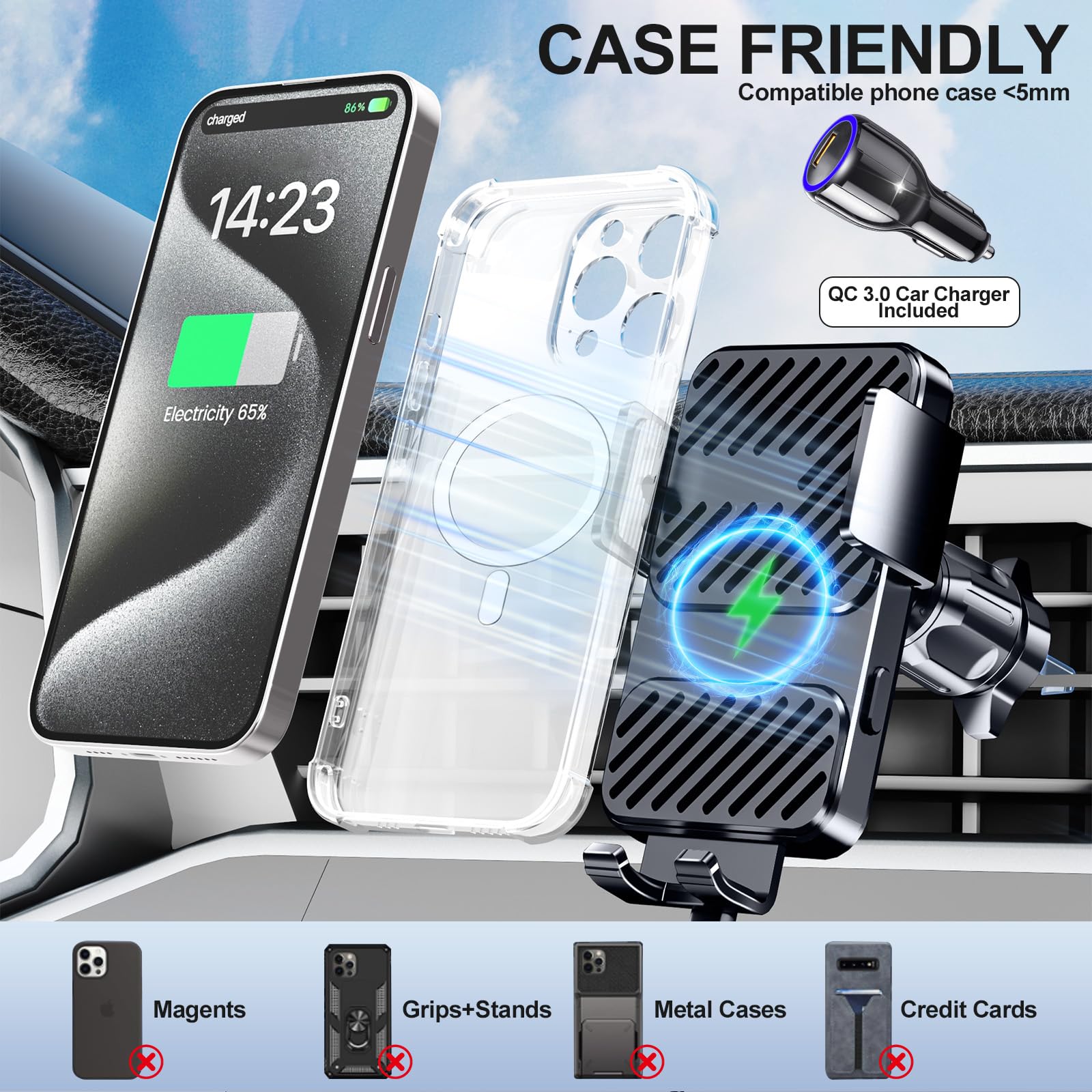 Caricabatterie da auto wireless 3 in 1, supporti per telefono per la tua auto, 15 W, ricarica rapida, blocco automatico, supporto per telefono per iPhone 17 16 15 14 13 Mini Pro Max XR