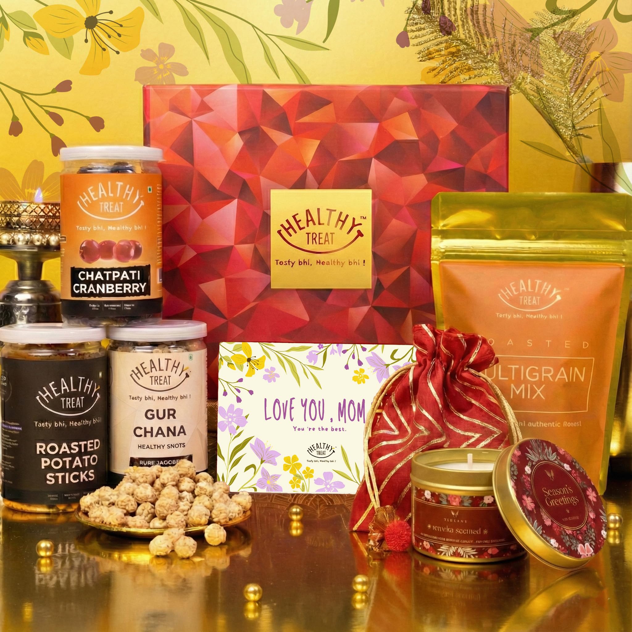 Healthy Treat Mother’s Day Glow Gift Box | Healthy Snacks Gift Hamper with Multigrain Mix, Chatpati Cranberry, Gur Chana & Roasted Snacks | Scented Candle & Greeting Card-image-46
