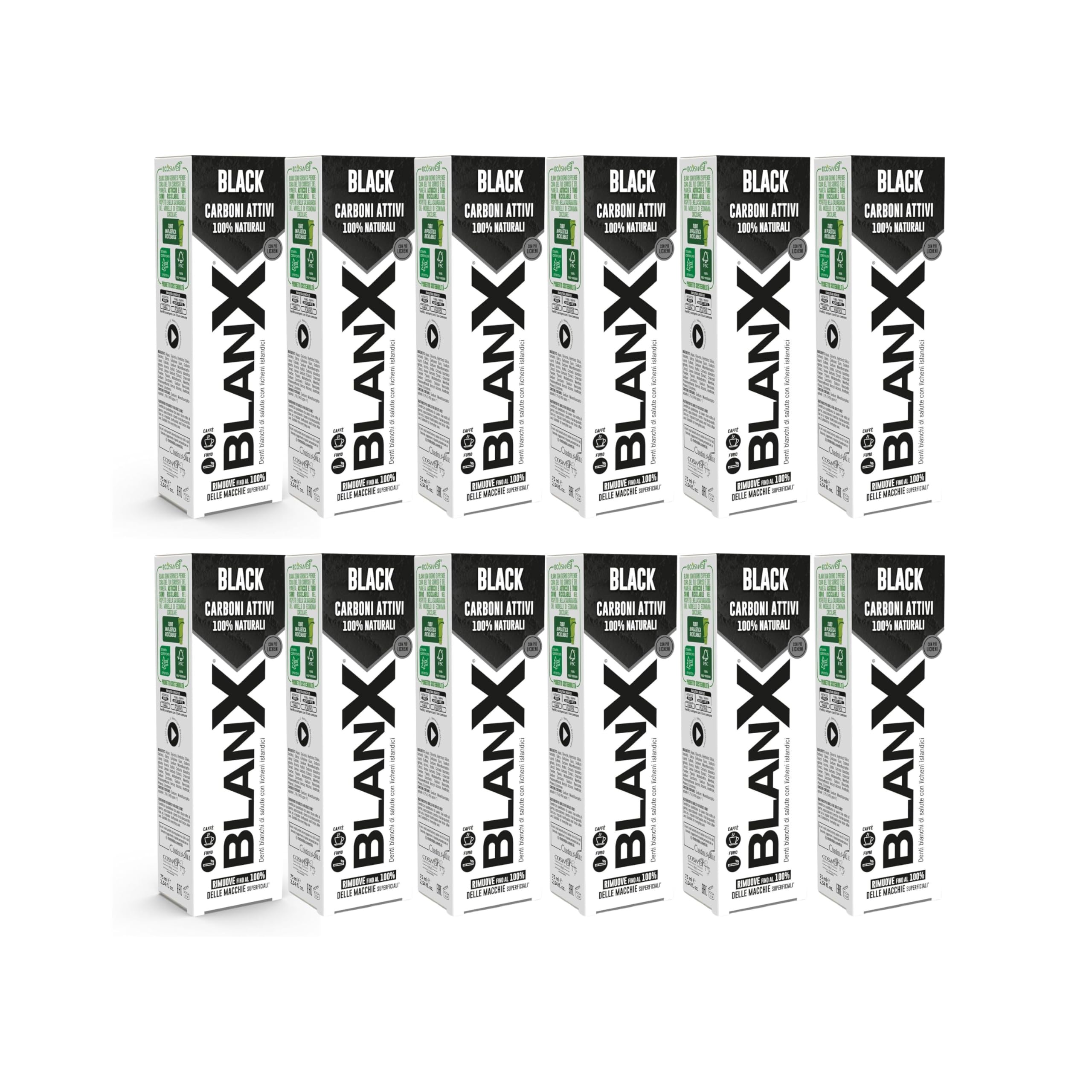 BlanX, Dentifricio Black, Dentifricio Sbiancante e Antimacchia, Con Carboni Attivi e Licheni Islandici 100% Naturali, Rimuove Macchie da Caffè Fumo e Tè, Vegan Friendly, 12x75ml