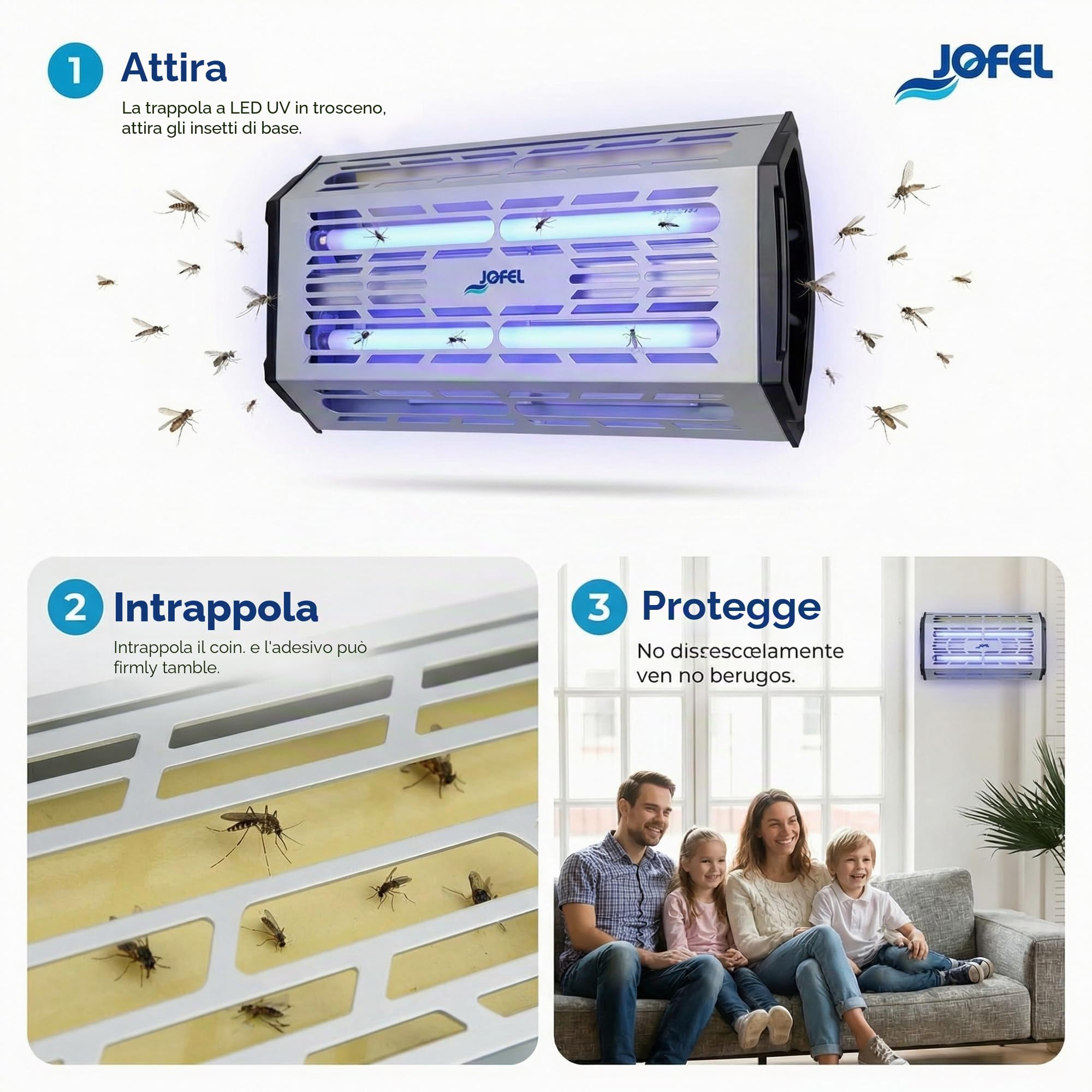 Jofel AJ70000 - Zanzariera con lamelle adesive, 2 tubi di luce LED UV, per attirare insetti, potenza 2 x 15 W (2 tubi)