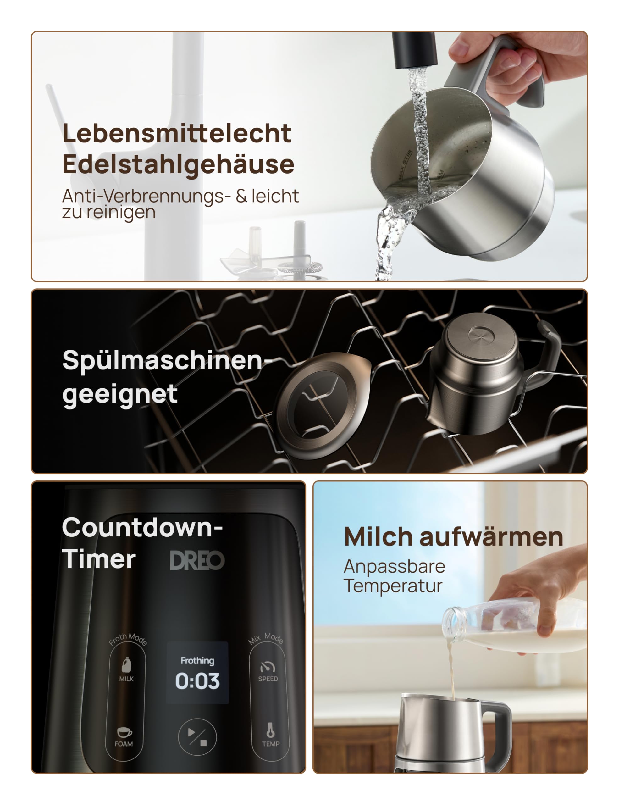 Dreo Milchaufschäumer Elektrisch [Verbessert], All-in-1 450ml Elektrischer Milchschäumer für Latte, Cappuccino, Heiße Schokolade, über 30 Getränke, Leicht zu Reinigen, Spülmaschinenfest, LED-Anzeige